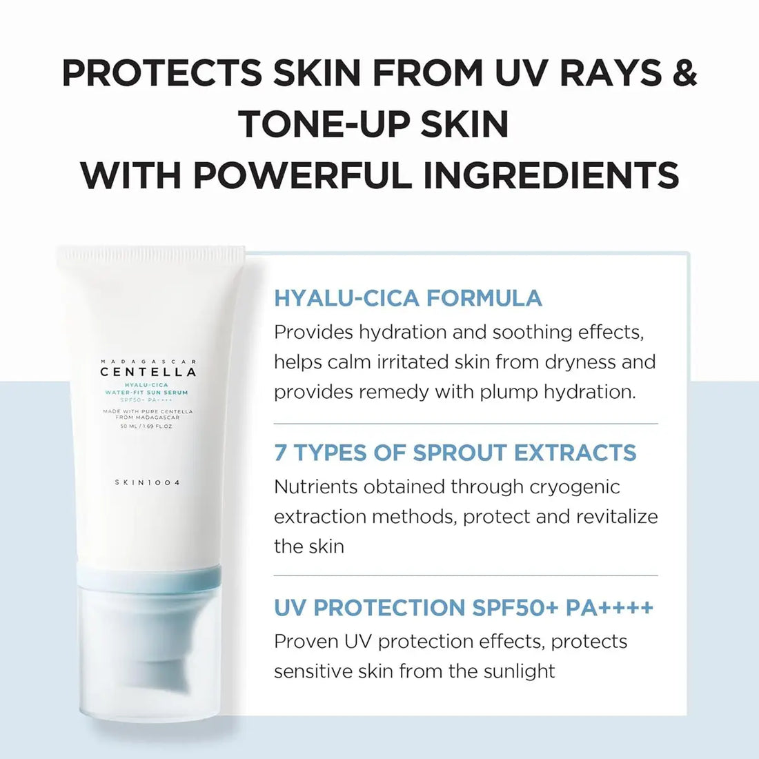 Product packaging with text highlighting UV protection and skin benefits on a light blue background