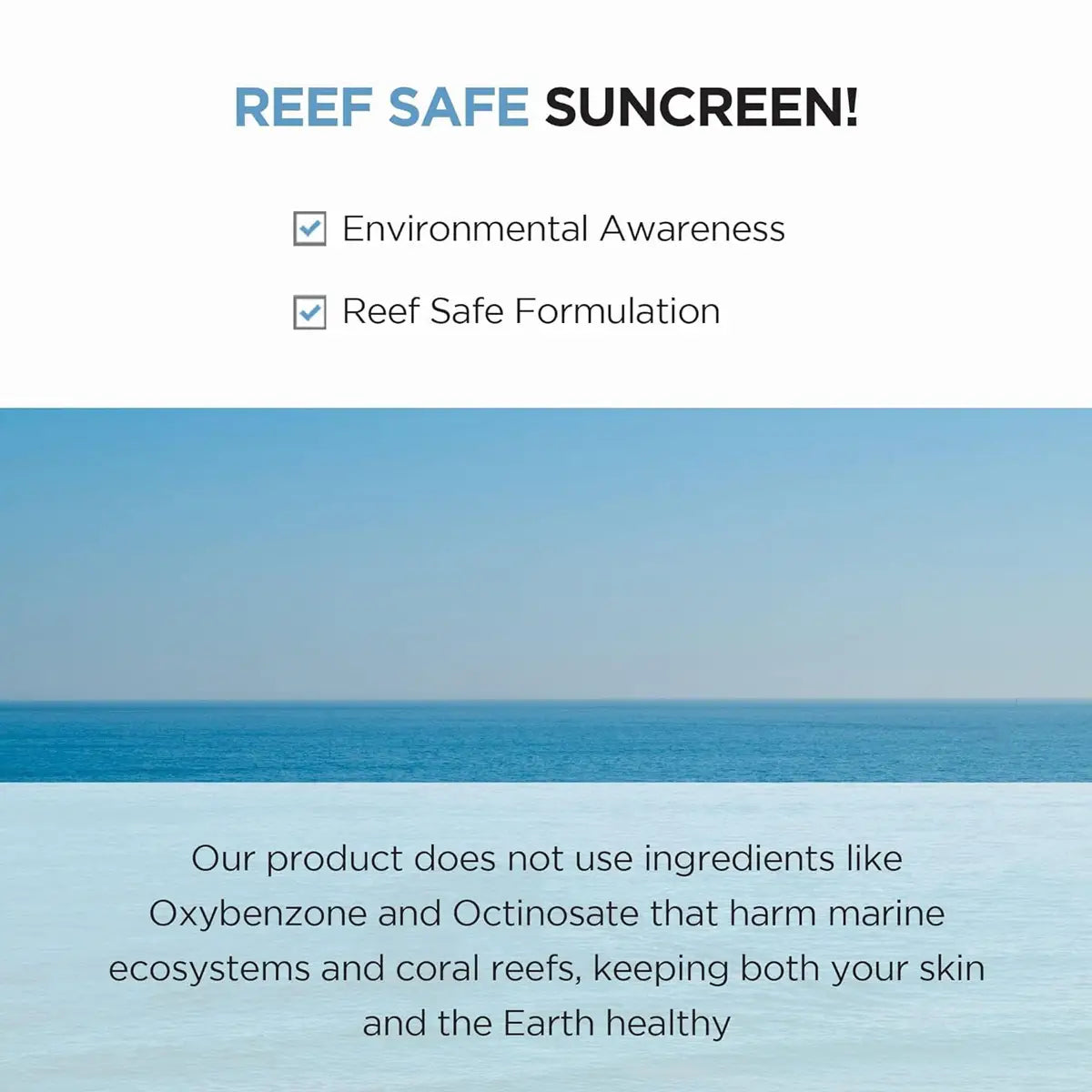 Reef safe sunscreen product description with ocean background