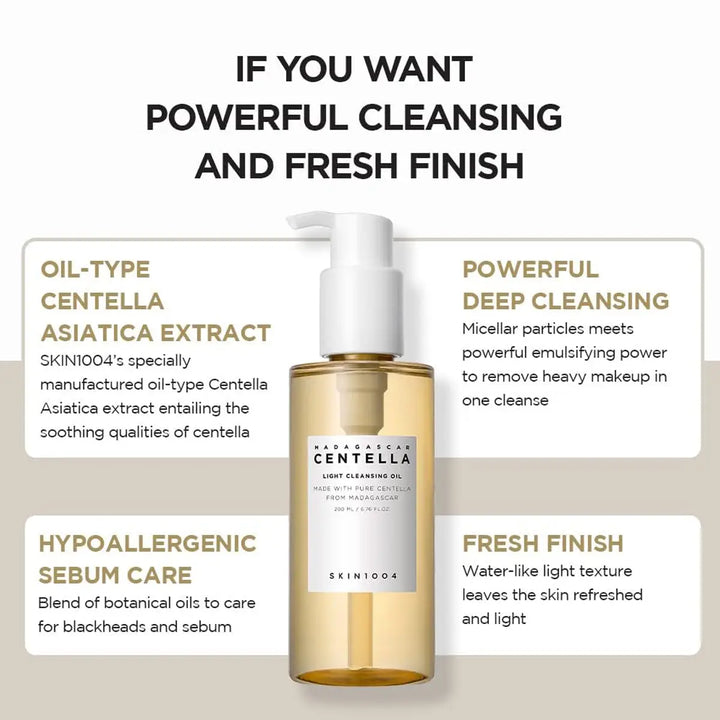 Skincare product with text highlighting its cleansing and fresh finish properties.
