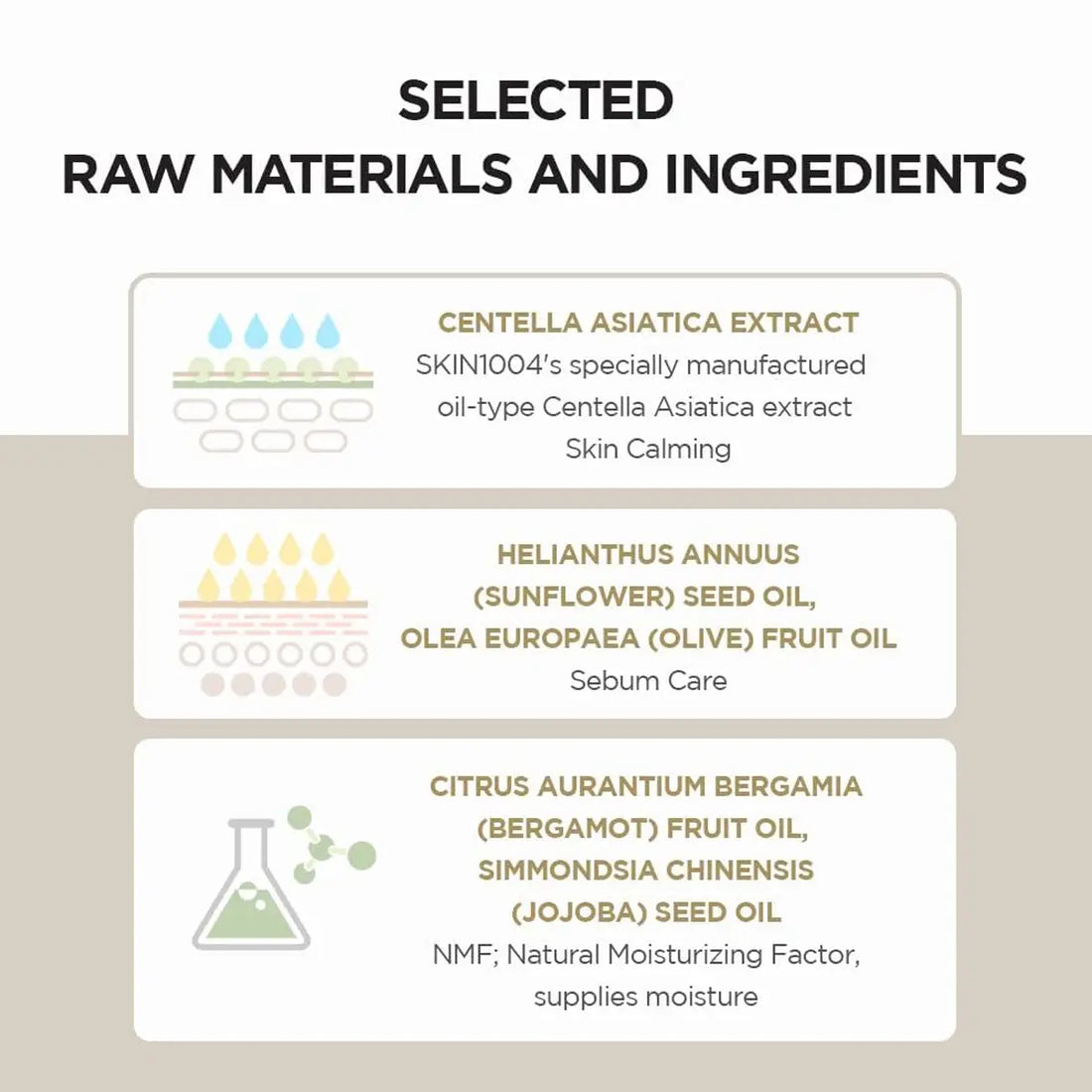 List of raw materials and ingredients with icons and text on a beige background