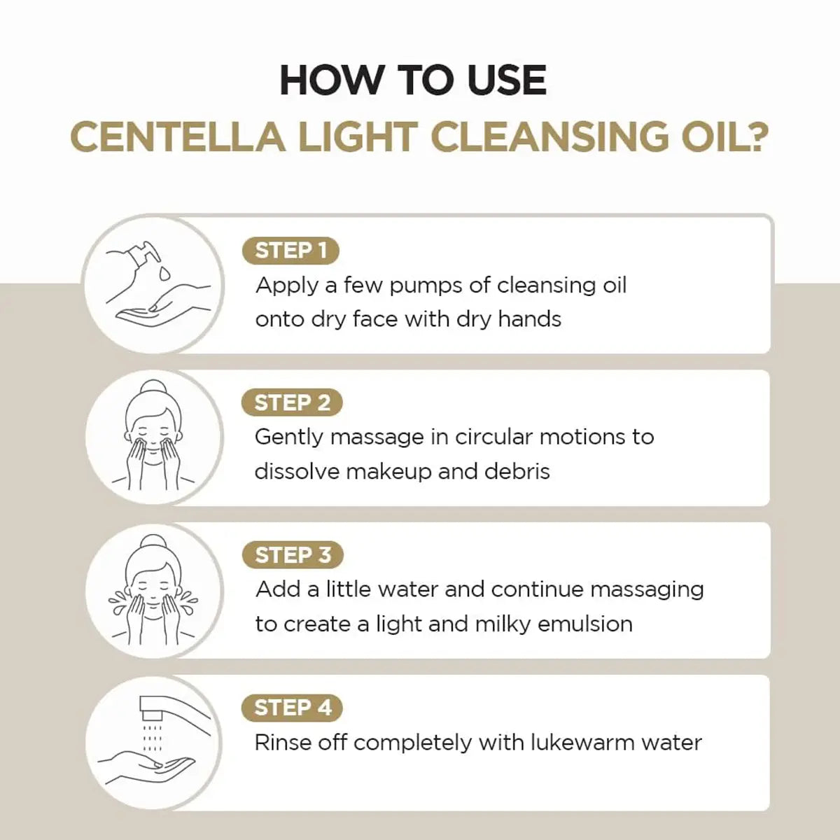 Instructions on how to use Centella light cleansing oil with step-by-step icons and text.