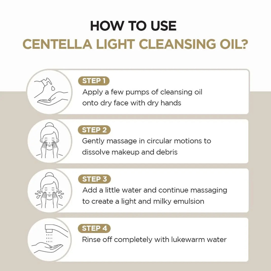 Instructions on how to use Centella light cleansing oil with step-by-step icons and text.