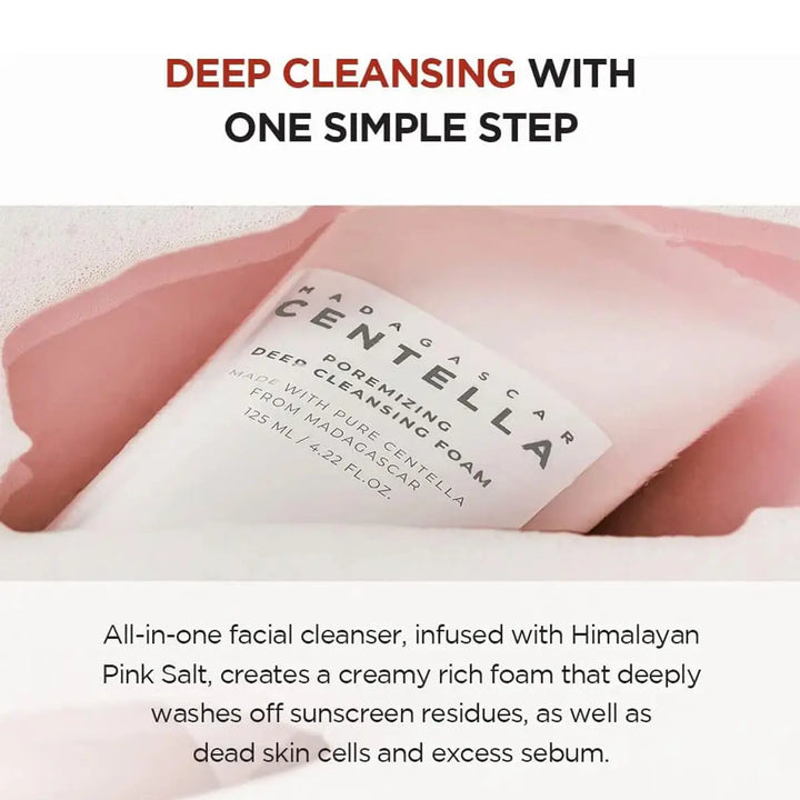 Centella Asiatica deep cleansing foam with text highlighting its benefits