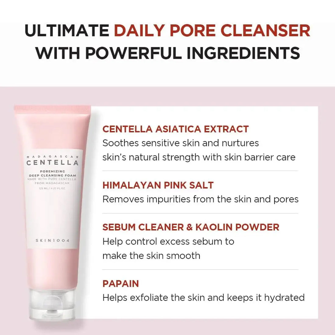 Skincare product with text detailing ingredients on a pink background