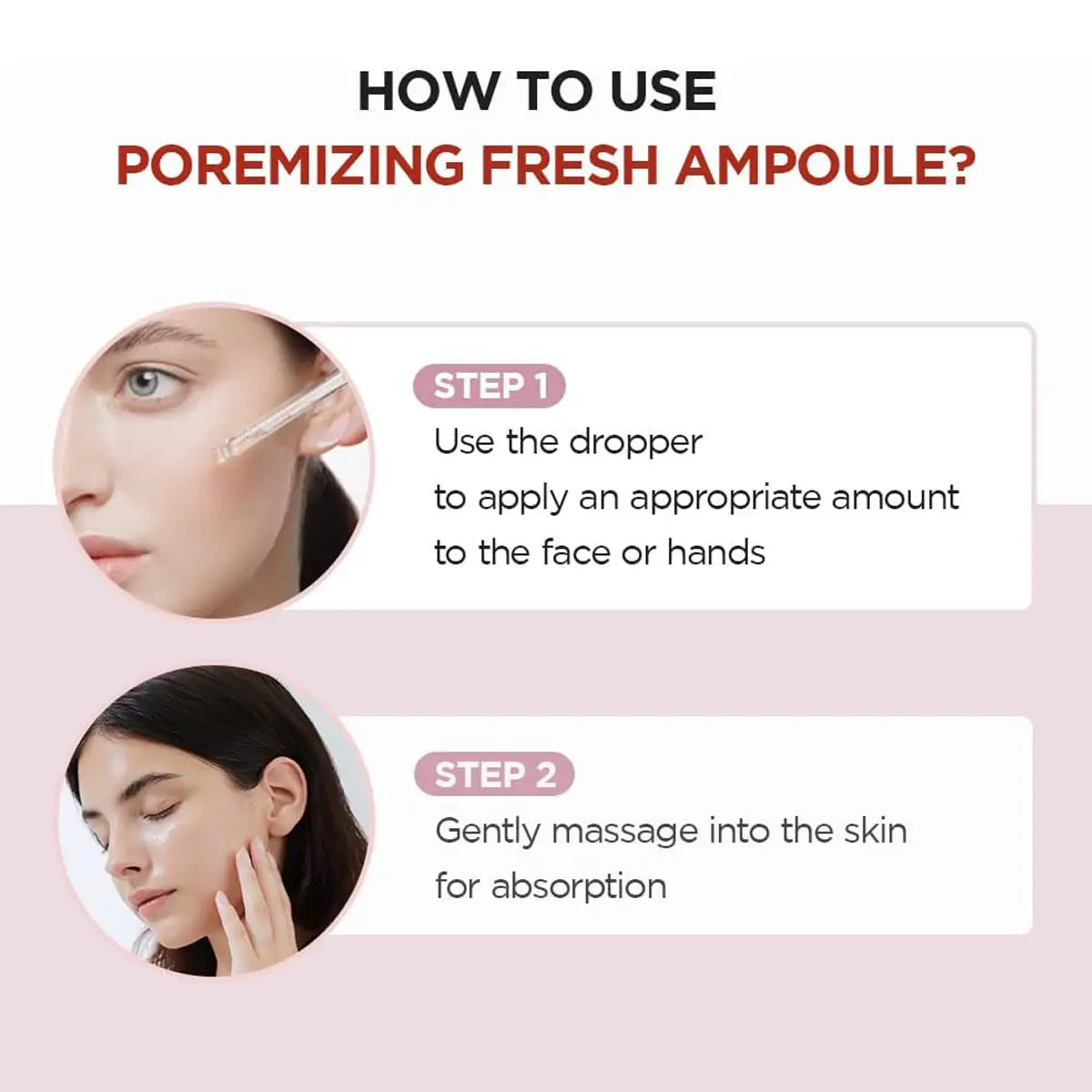 Instructions on how to use poremizing fresh ampoule with step-by-step guide and images of a woman applying it.