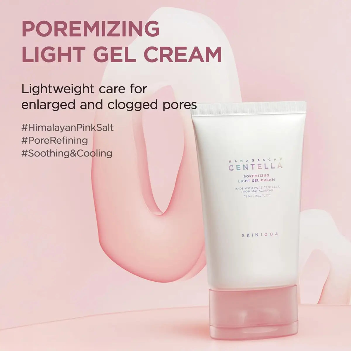 Skincare product with pink background and text about pore refining cream