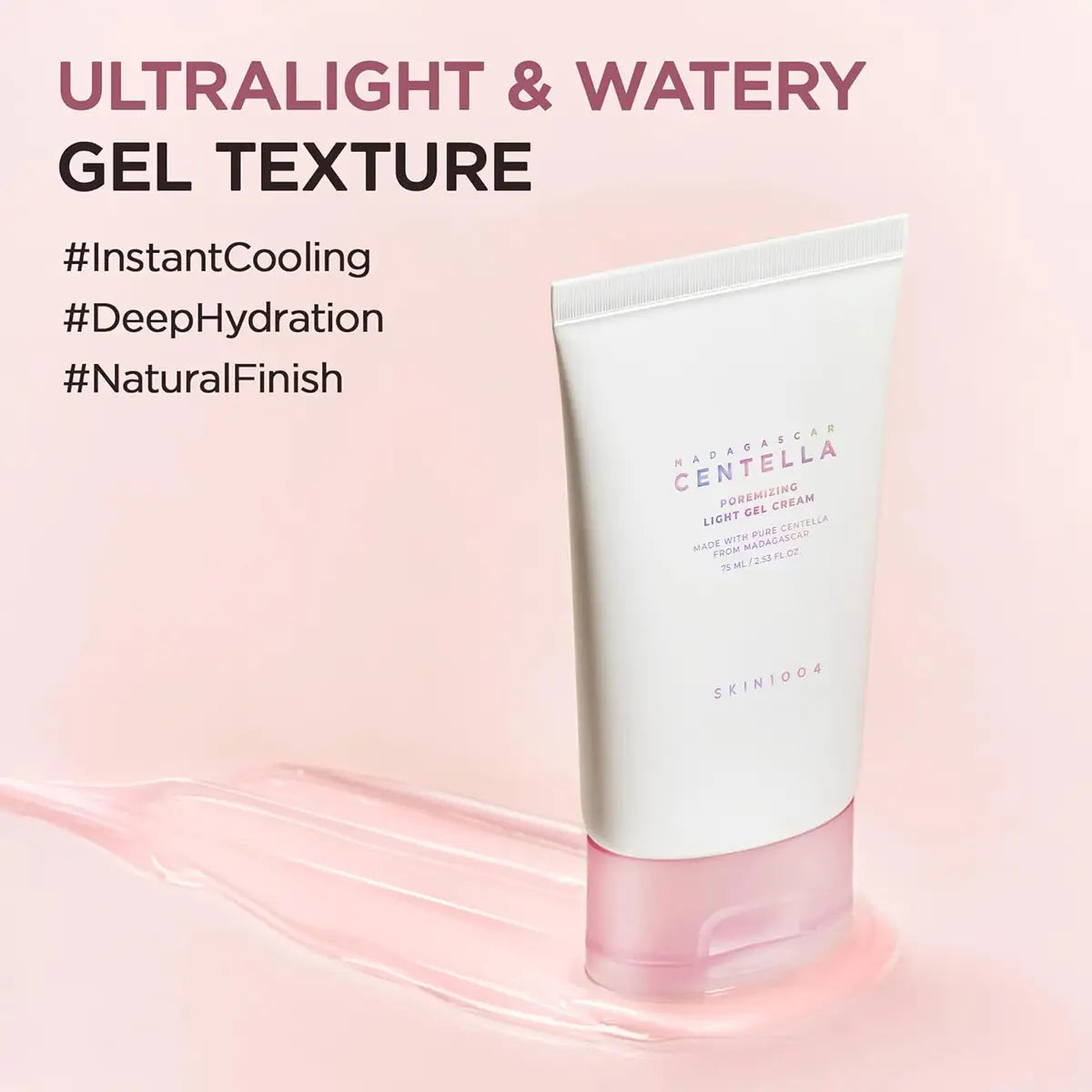 Skincare tube with text highlighting features on a pink background