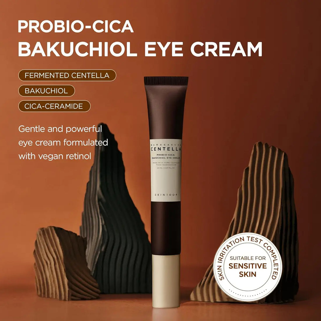 Probio-Cica Bakuchiol Eye Cream with product and natural stone background