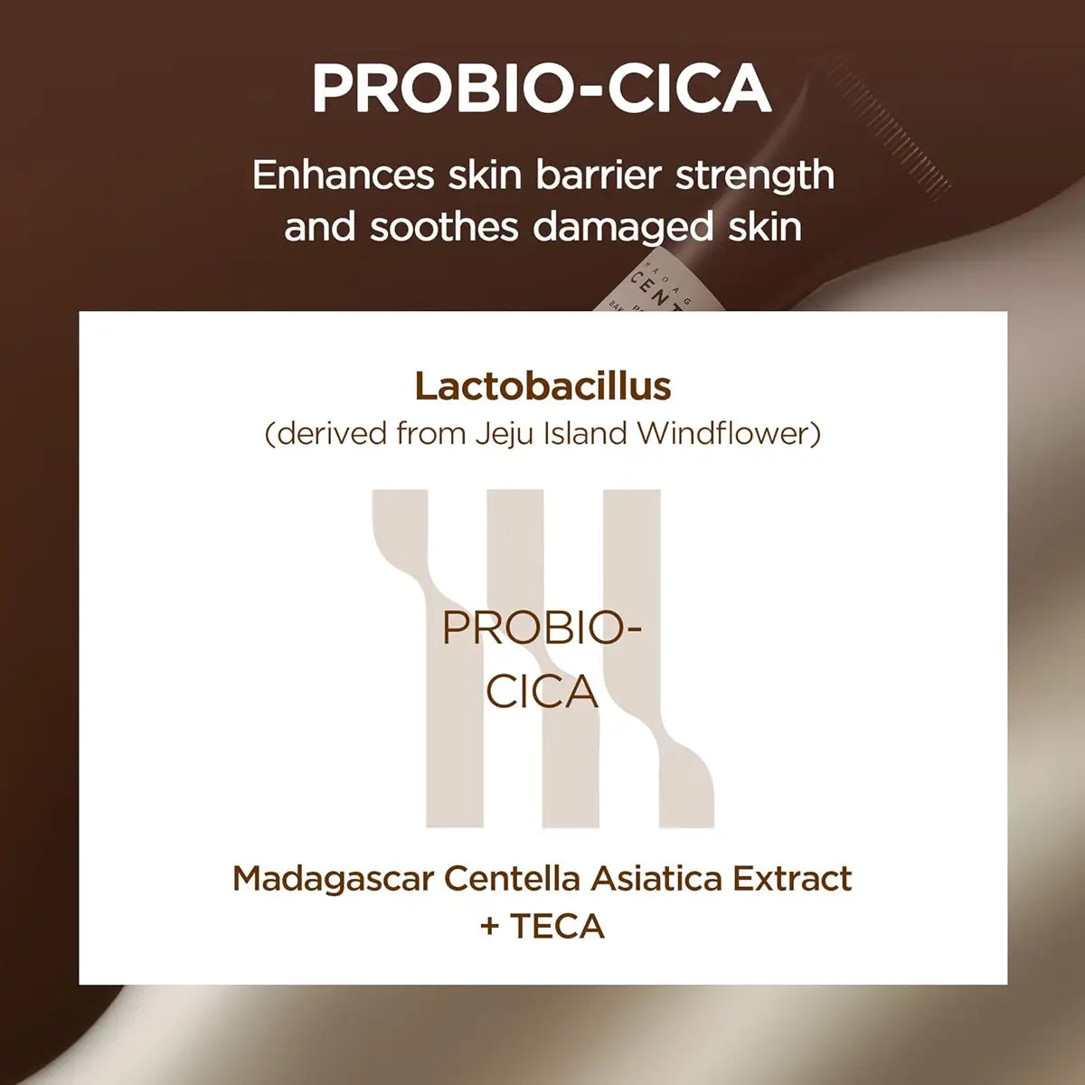PROBIO-CICA skincare product with text about skin barrier strength and ingredient details.