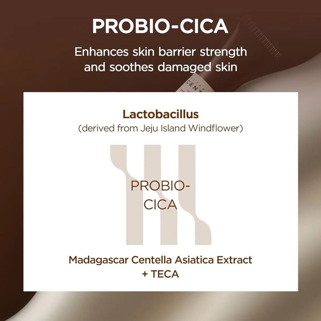 PROBIO-CICA skincare product with text about skin barrier strength and ingredient details.