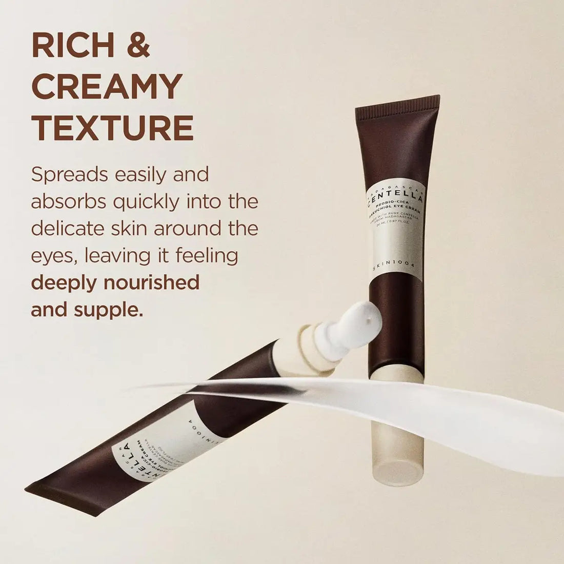 Eye cream tube with text highlighting its texture and benefits on a beige background
