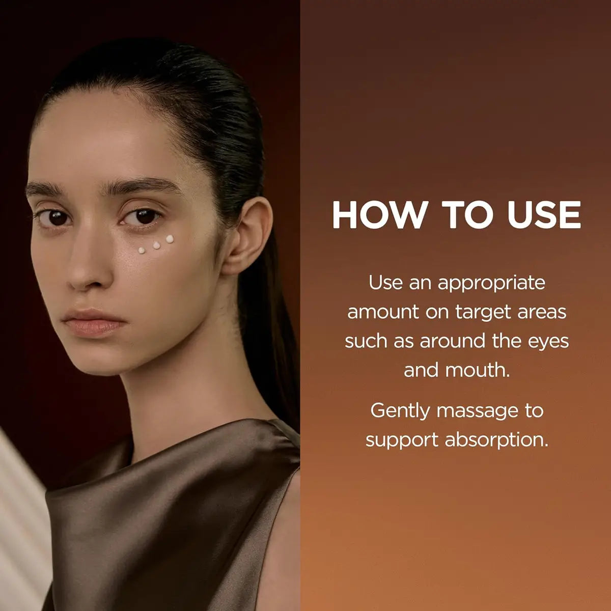 Woman applying eye cream with text on how to use it