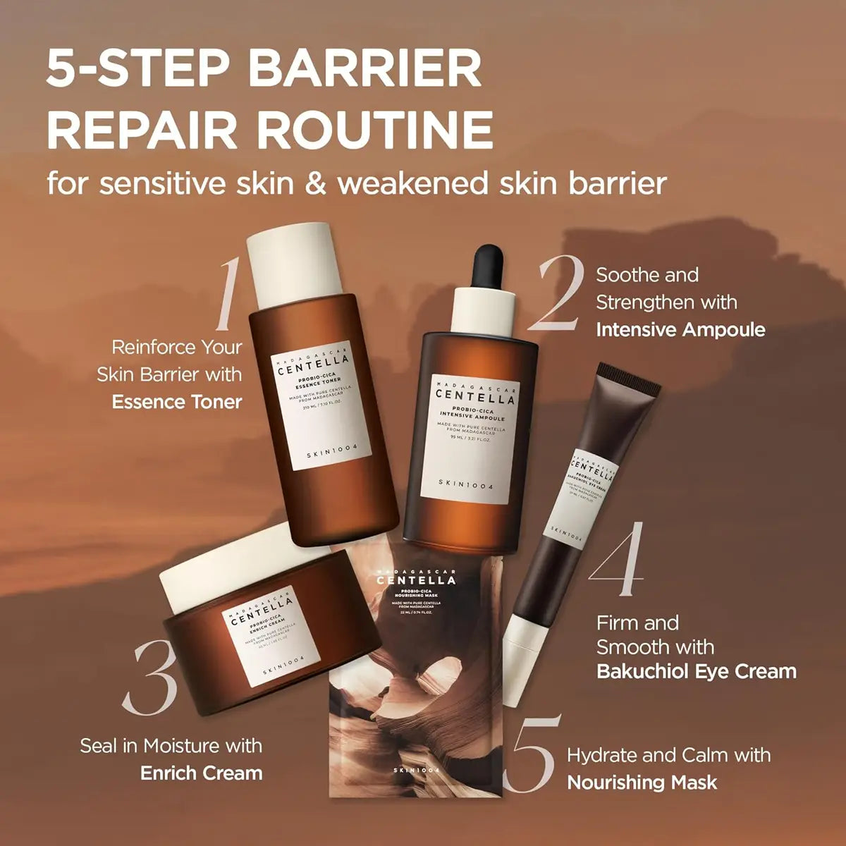SKIN1004 skincare products with step-by-step repair routine on a brown background