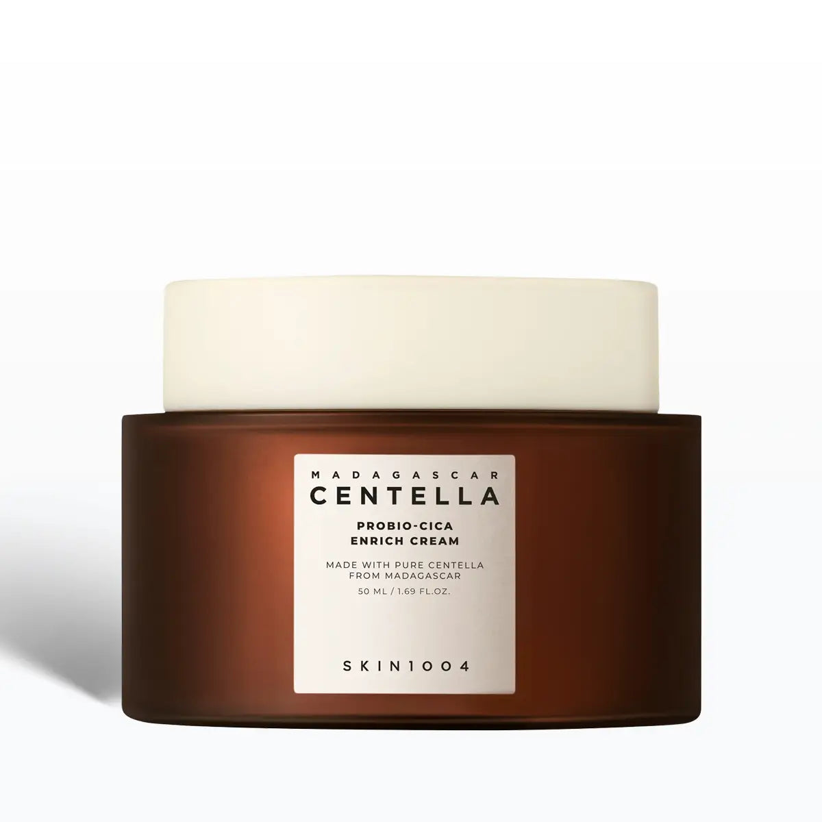 Skincare jar with 'Madagascar Centella' label on a white background