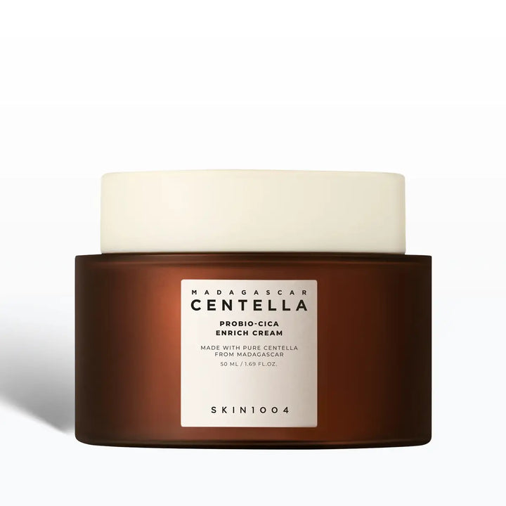 Skincare jar with 'Madagascar Centella' label on a white background