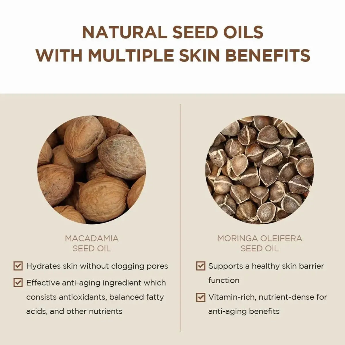 Infographic about natural seed oils with macadamia and moringa oleifera seeds on a beige background.