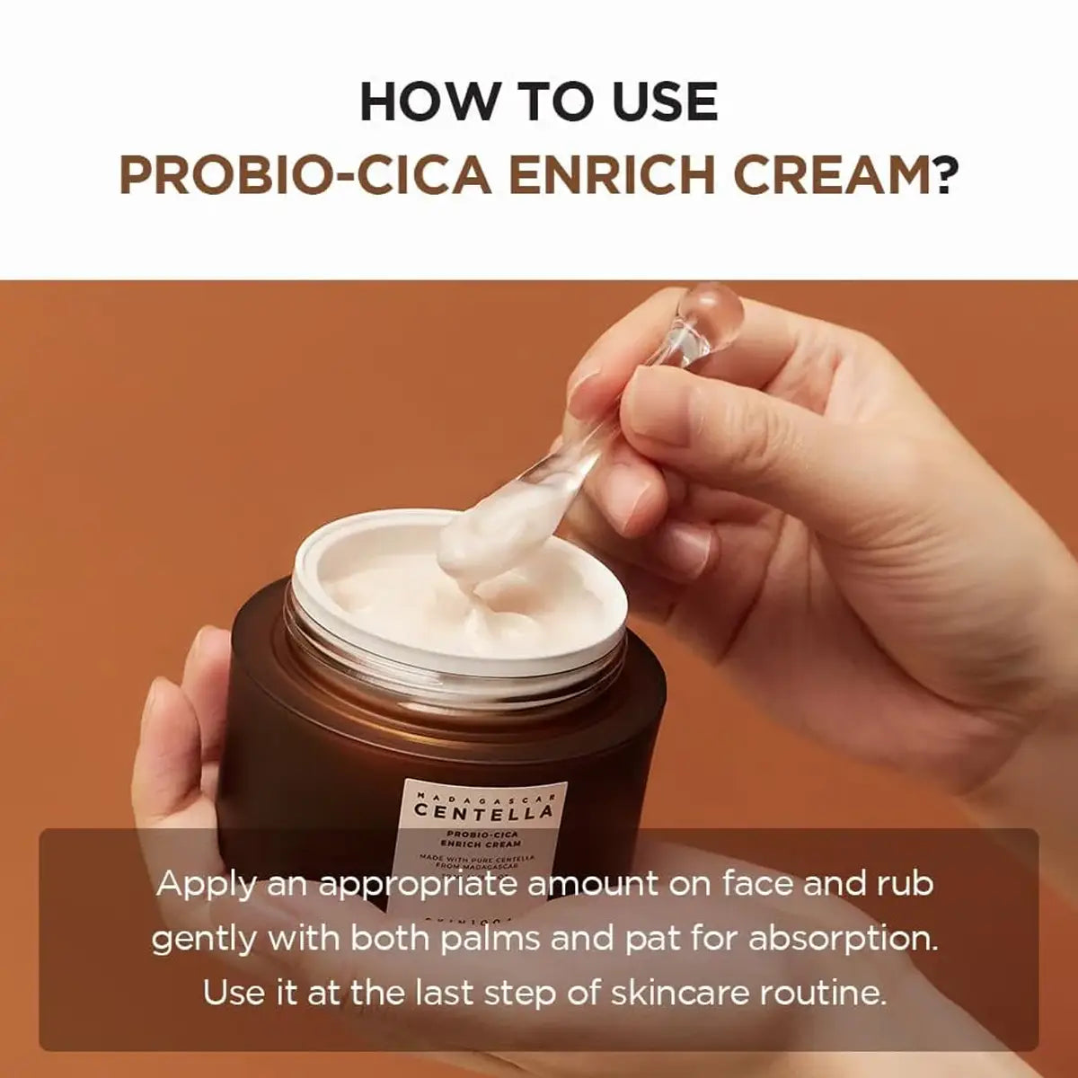 Hand using a spoon to scoop Probio-Cica Enrich Cream from a jar with text on how to use it.