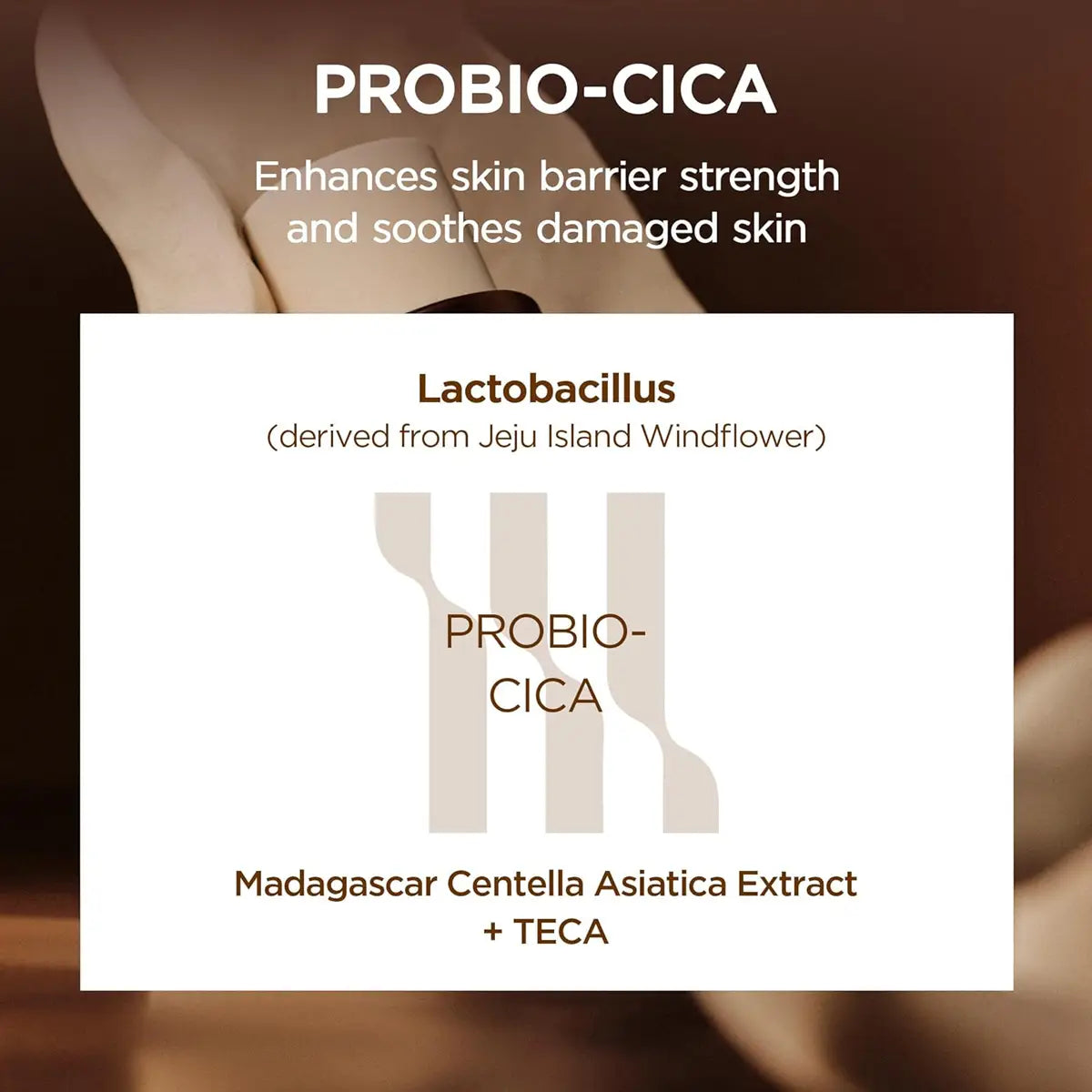 PROBIO-CICA skincare product with text about skin barrier strength and soothing properties.