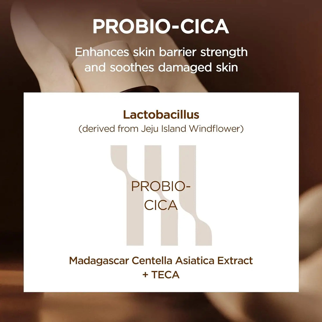 PROBIO-CICA skincare product with text about skin barrier strength and soothing properties.
