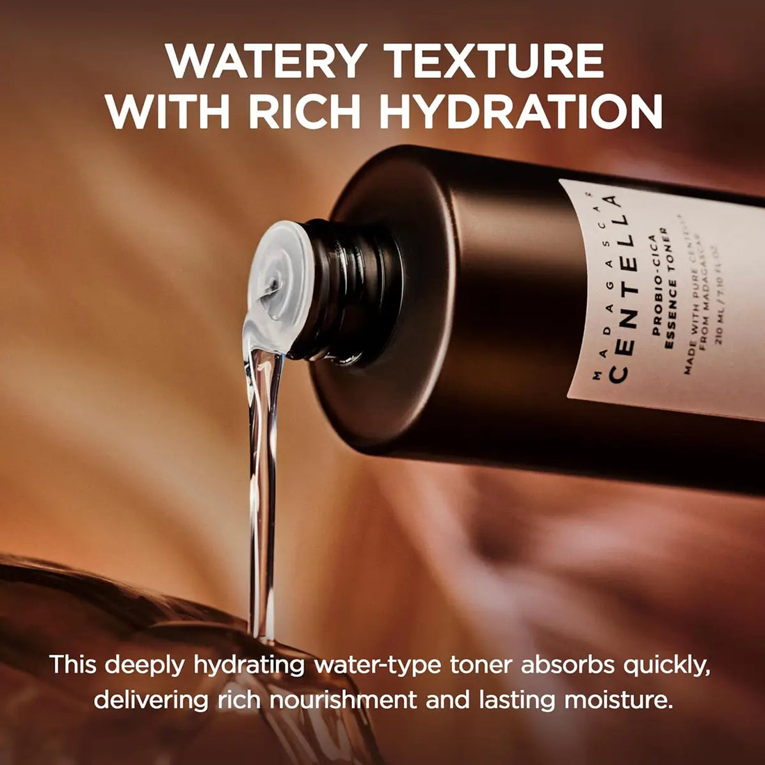 Skincare product being poured with text about its texture and hydration benefits.
