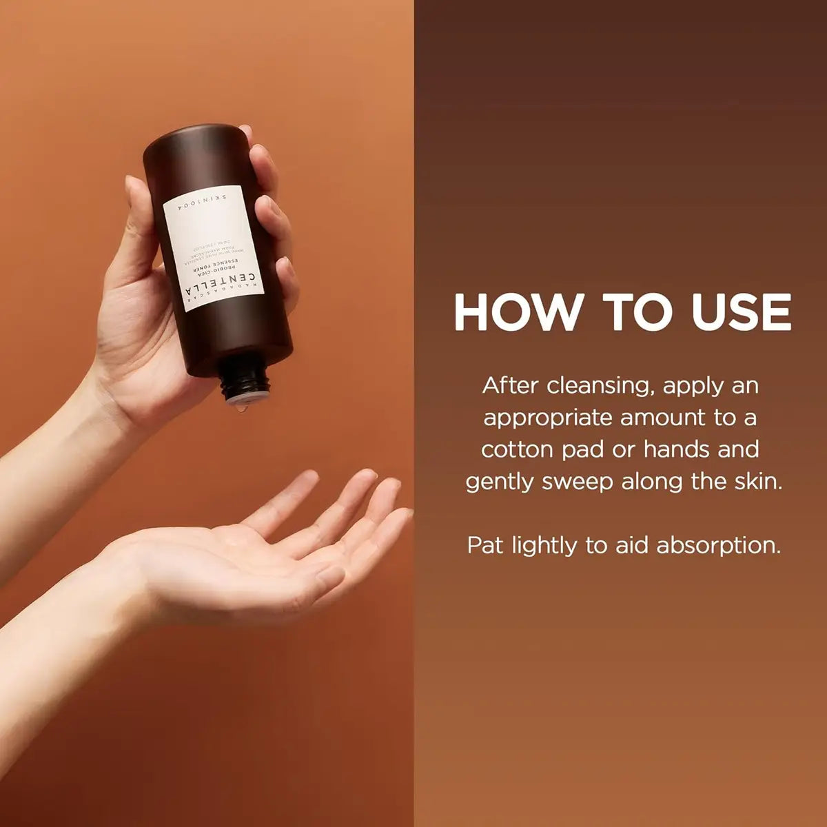 Hand holding a bottle of skincare product with text on how to use it against a brown background