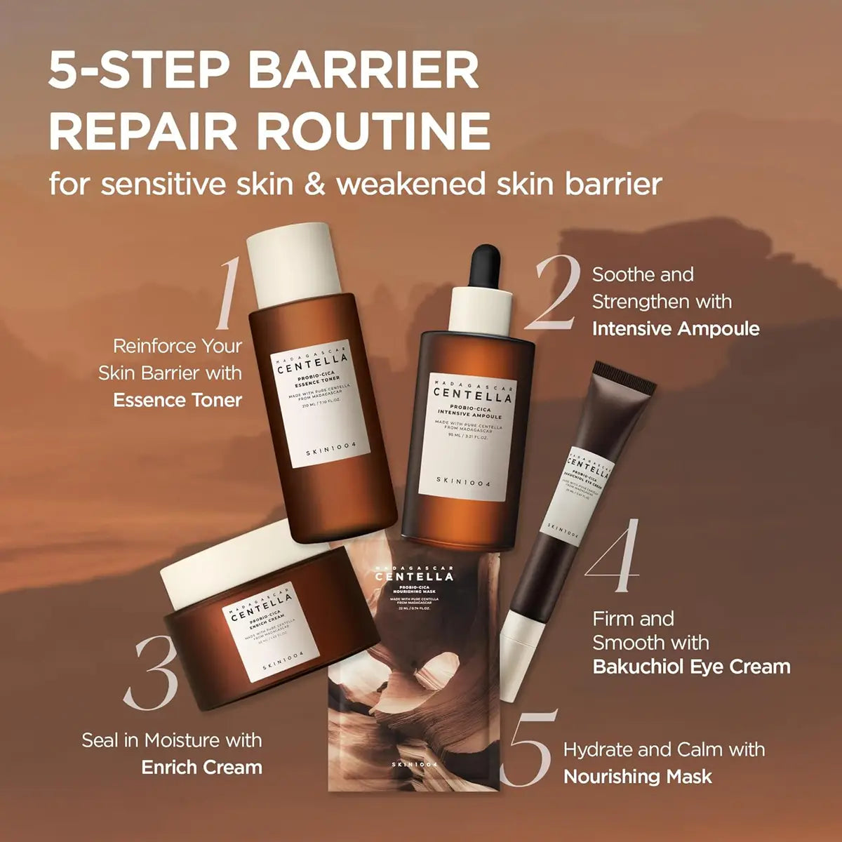 Korean skincare product set with step-by-step repair routine on a brown background