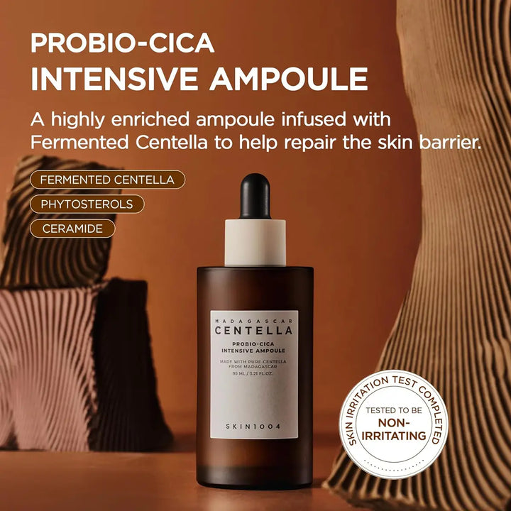 SKIN1004 Madagascar Centella Probio-Cica Intensive Ampoule bottle with text on a brown background