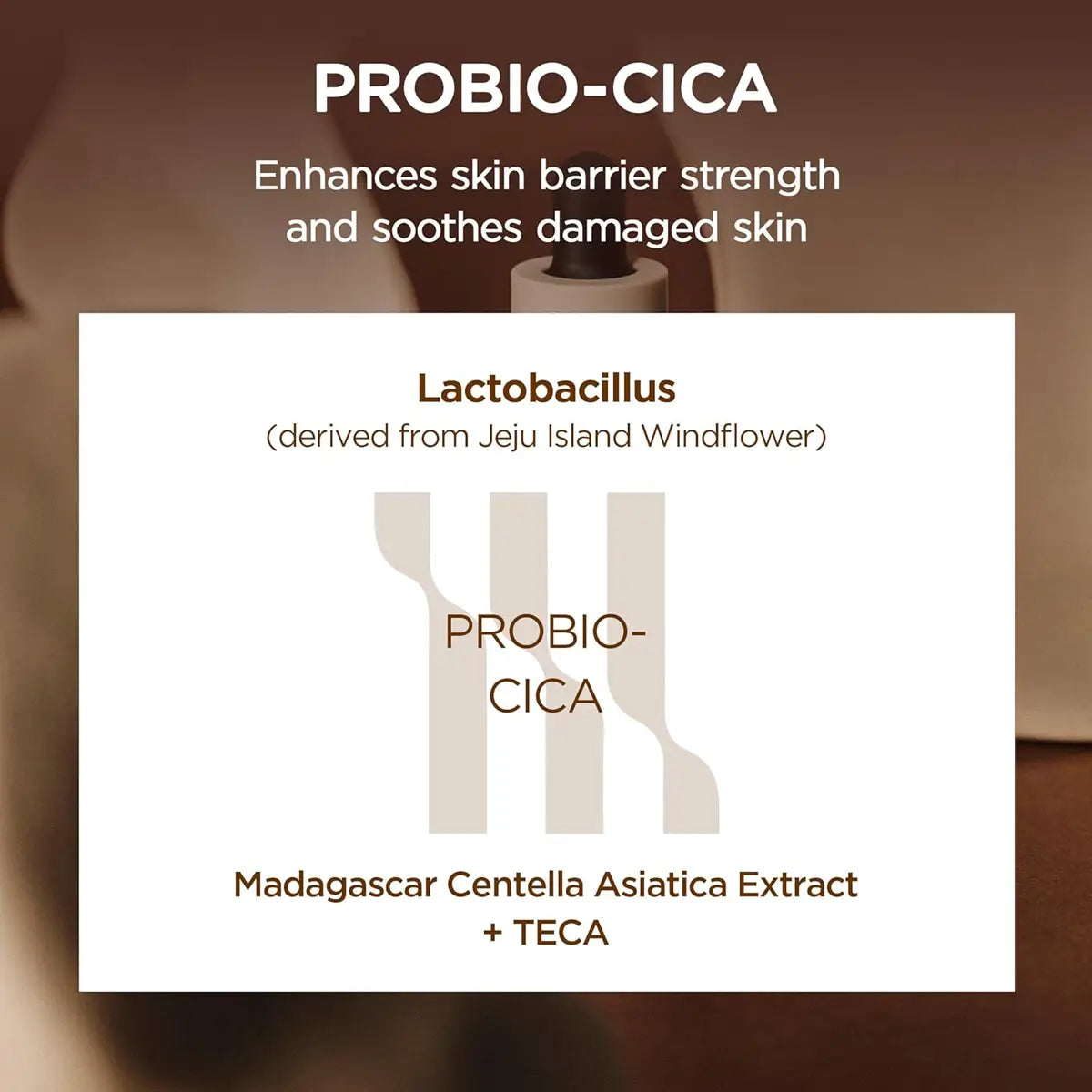 PROBIO-CICA product with text about skin barrier strength and ingredient details on a blurred background