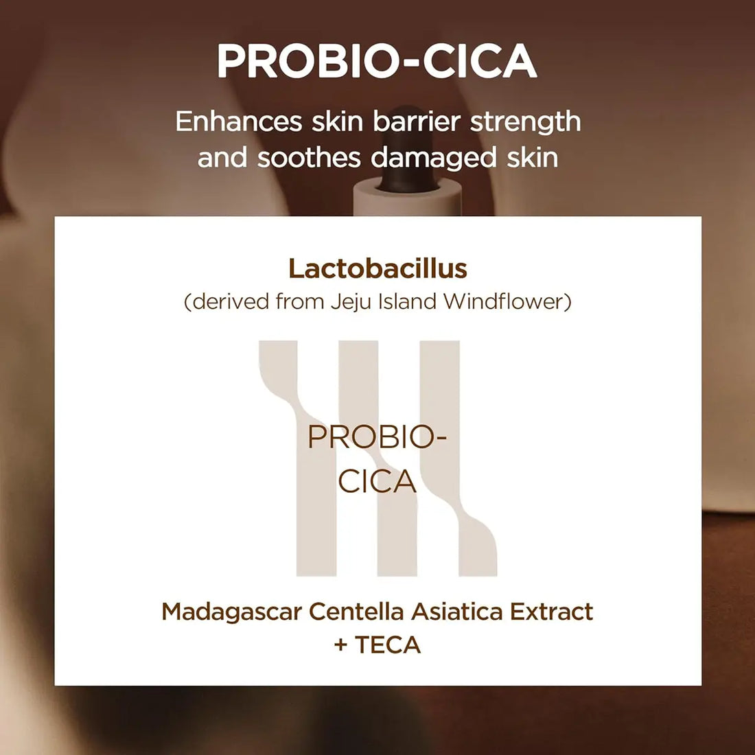 PROBIO-CICA product with text about skin barrier strength and ingredient details on a blurred background