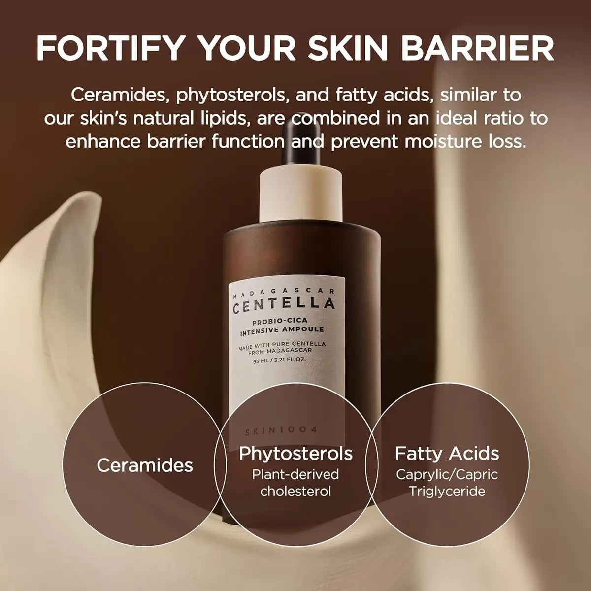 SKIN1004 Madagascar Centella Probio-Cica Intensive Ampoule bottle with text about fortifying skin barrier using ceramides, phytosterols, and fatty acids.