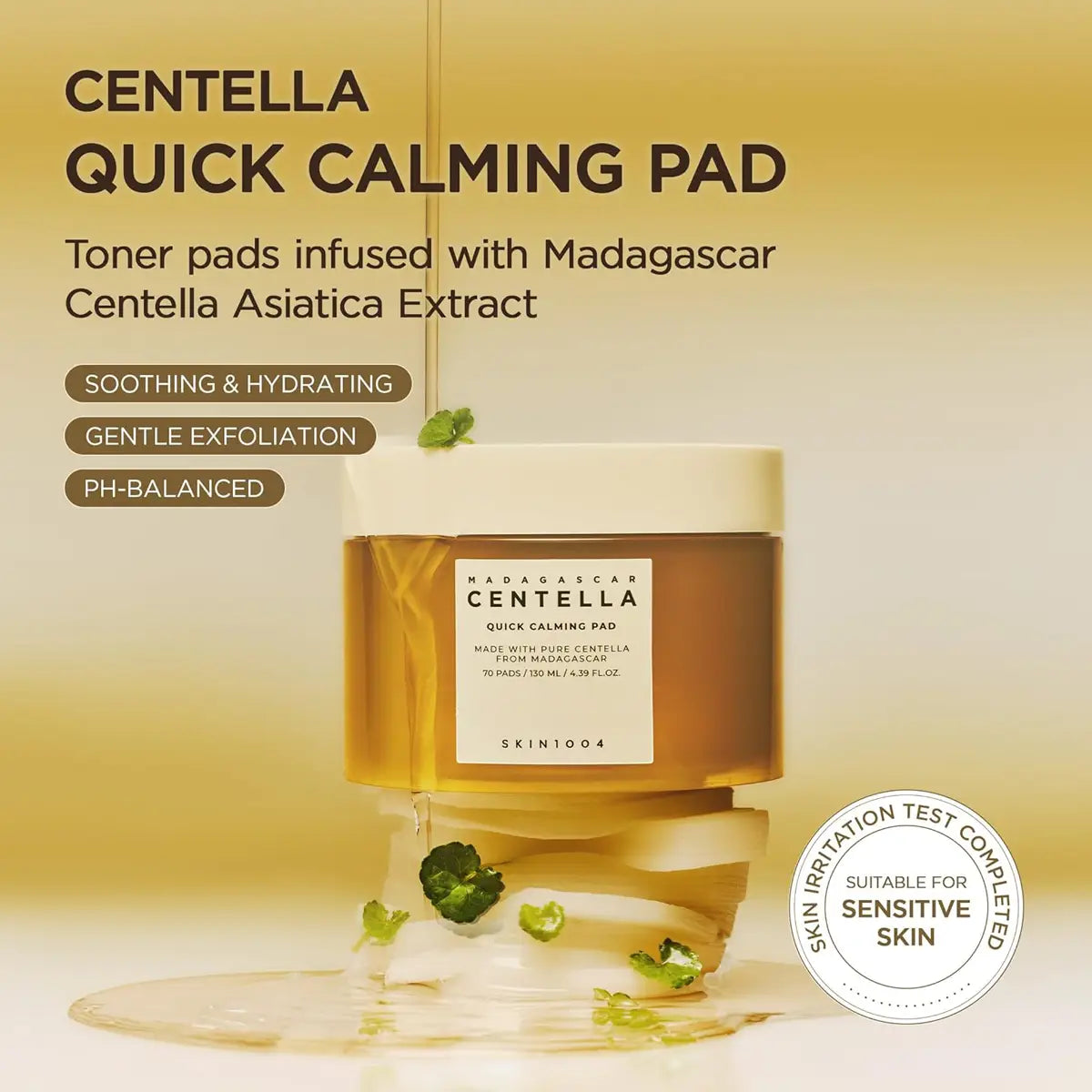 SKIN1004 Centella Quick Calming Pad packaging with product and branding details on a gold background