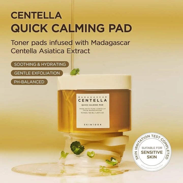 SKIN1004 Centella Quick Calming Pad packaging with product and branding details on a gold background