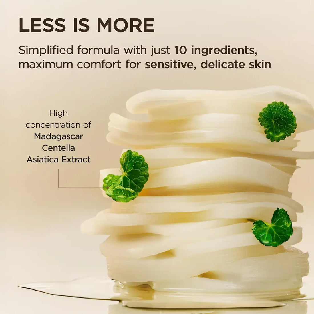 Cosmetic product with green leaves on a beige background, featuring text about skincare formula.
