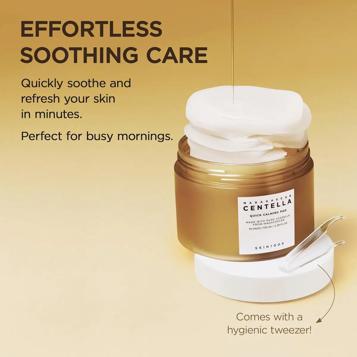 Skincare product with text highlighting effortless soothing care on a beige background