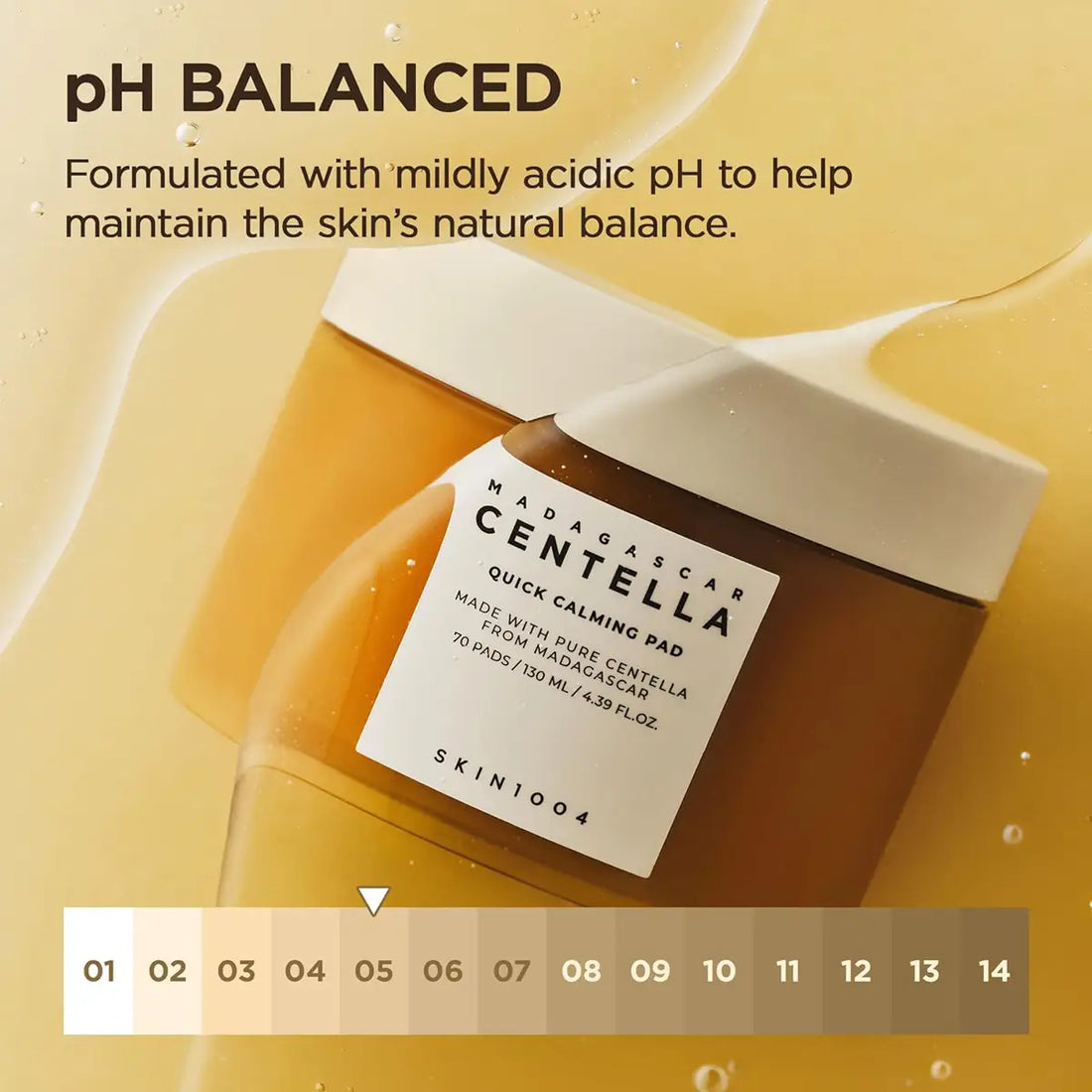 Jar of Madagascar Centella Quick Calming Pad with pH balanced text on a yellow background