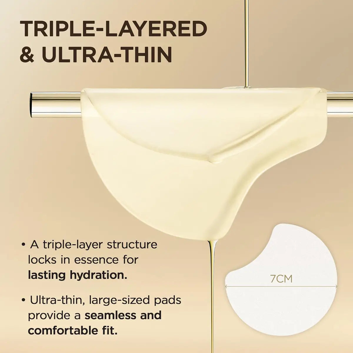 Ultra-thin pad with text highlighting its triple-layered structure and size on a beige background