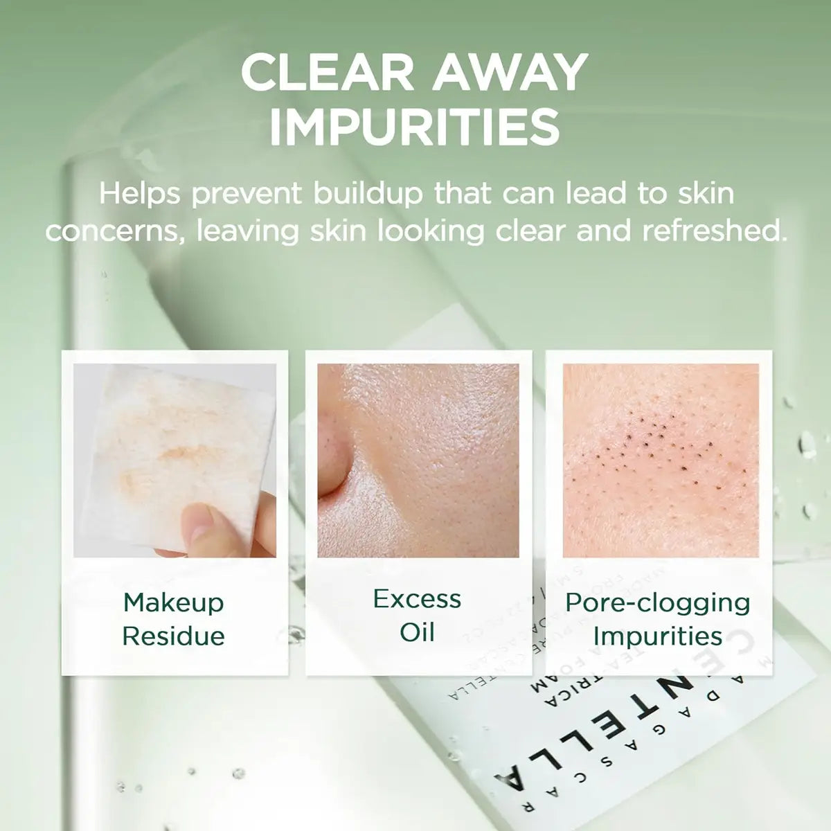 Product packaging with text 'Clear Away Impurities' and images of skin issues like makeup residue, excess oil, and pore-clogging impurities.