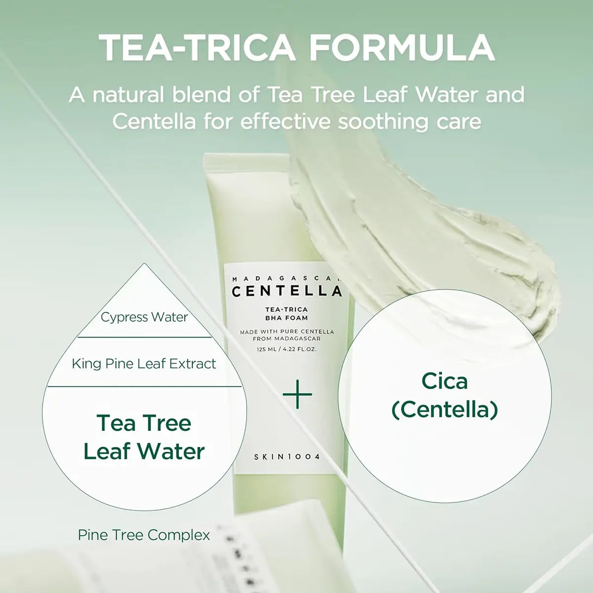 Madagascan Centella Tea-Trica Formula product with ingredients listed on a light green background