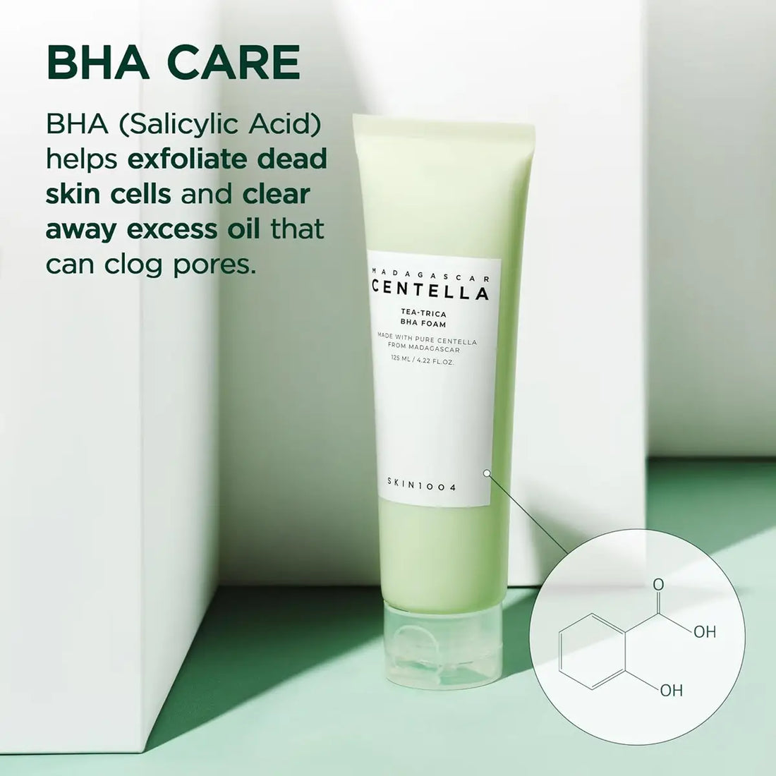 Skincare product with BHA care text and description on a light green background