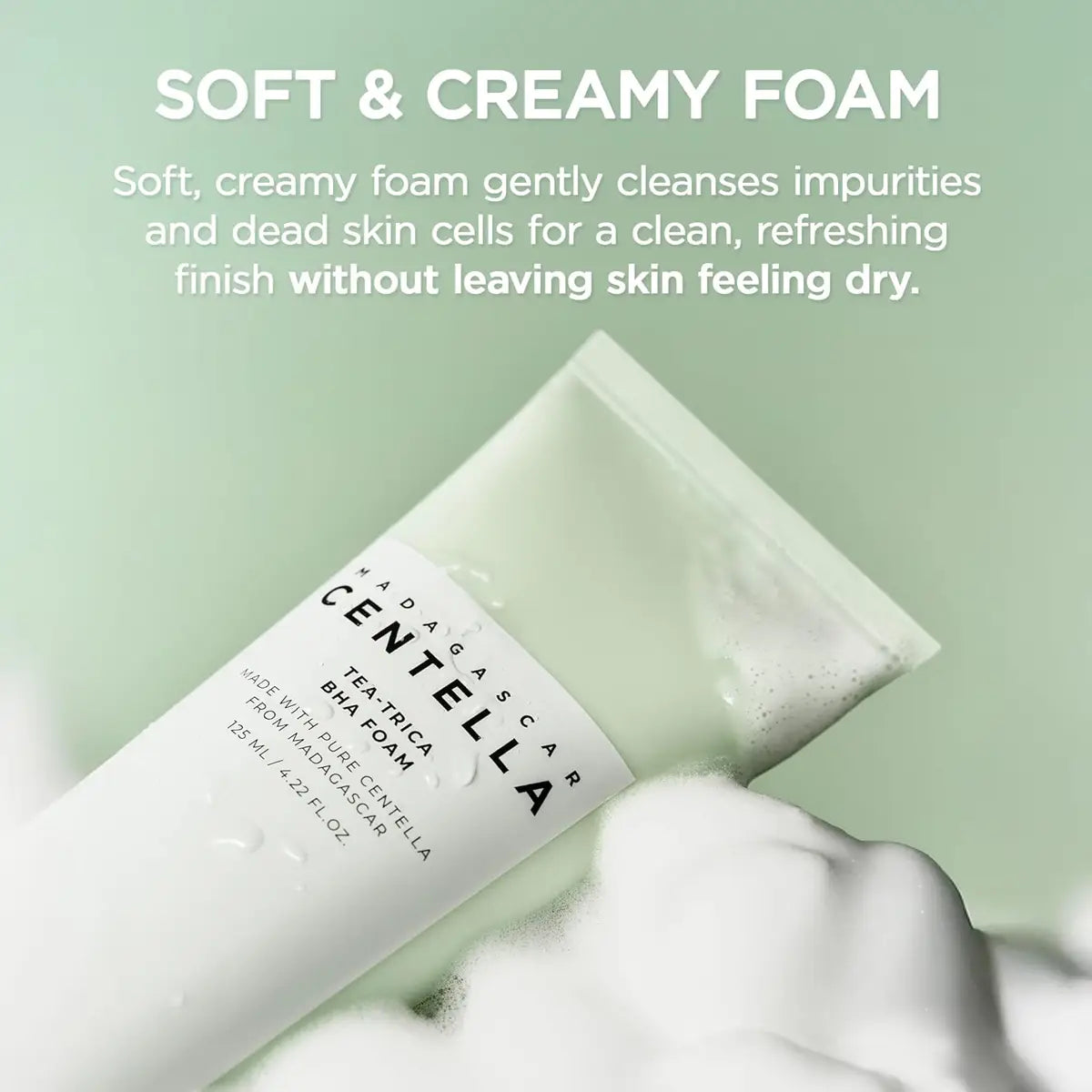 Tube of Centella Asiatica tea tree foam with text on a green background
