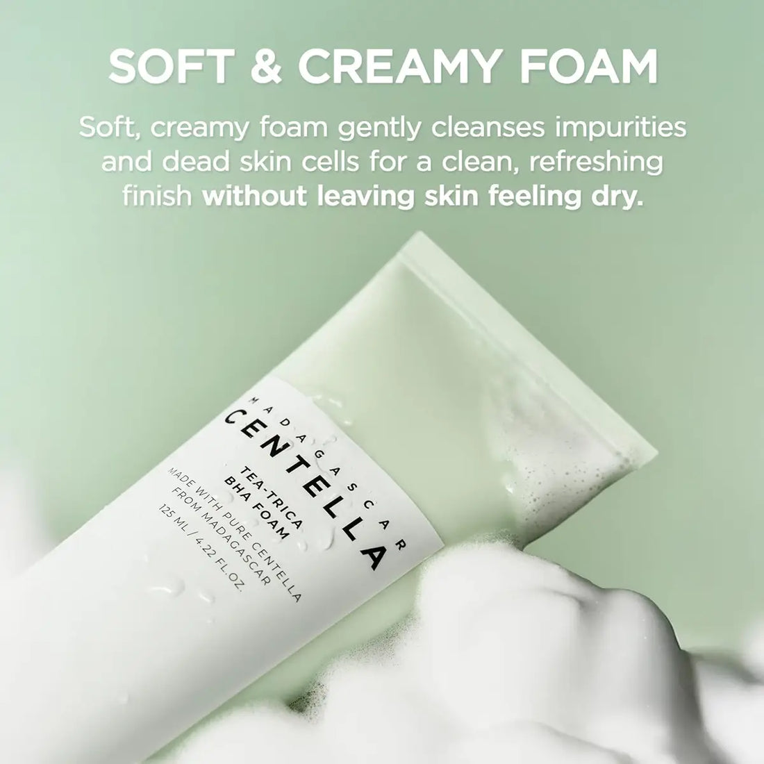 Tube of Centella Asiatica tea tree foam with text on a green background