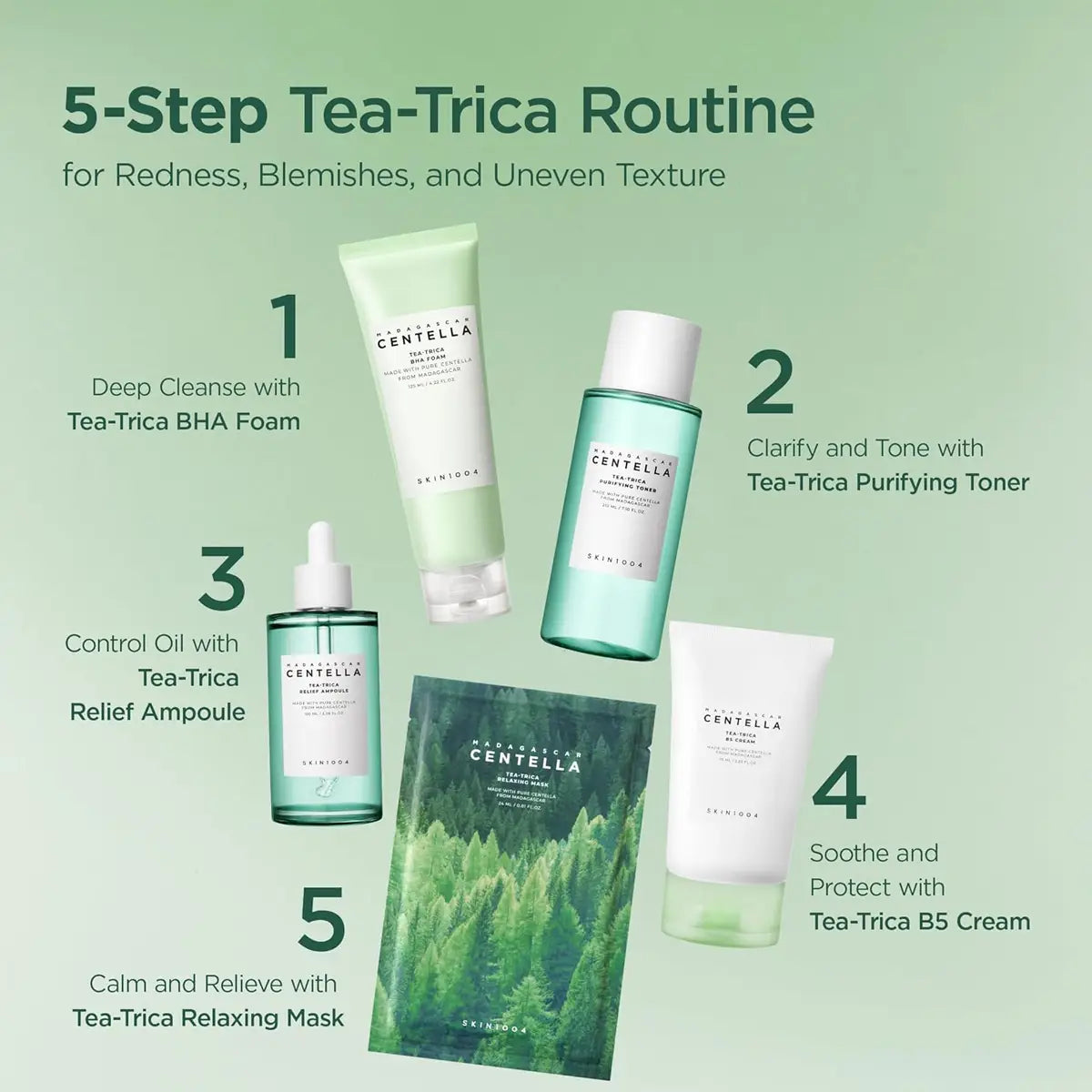 Tea-Trica skincare routine with products on a green background