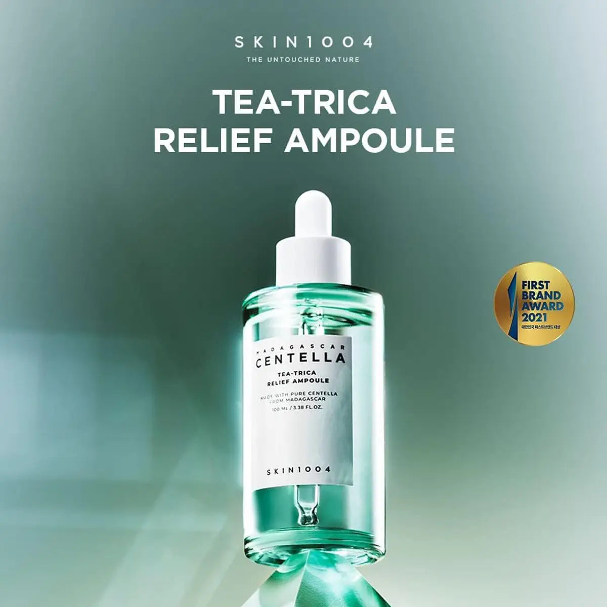 SKIN1004 Tea-Trica Relief Ampoule bottle on a gradient background