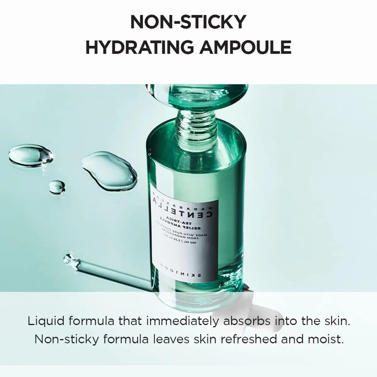 Green ampoule bottle with droplets on a light blue background, featuring text about non-sticky hydrating ampoule.