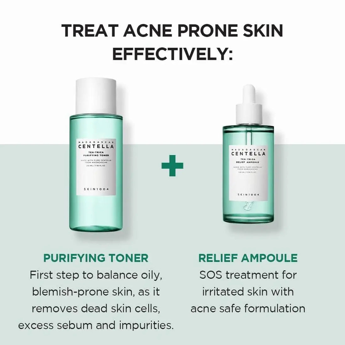 Two skincare products with text explaining their use for acne-prone skin.
