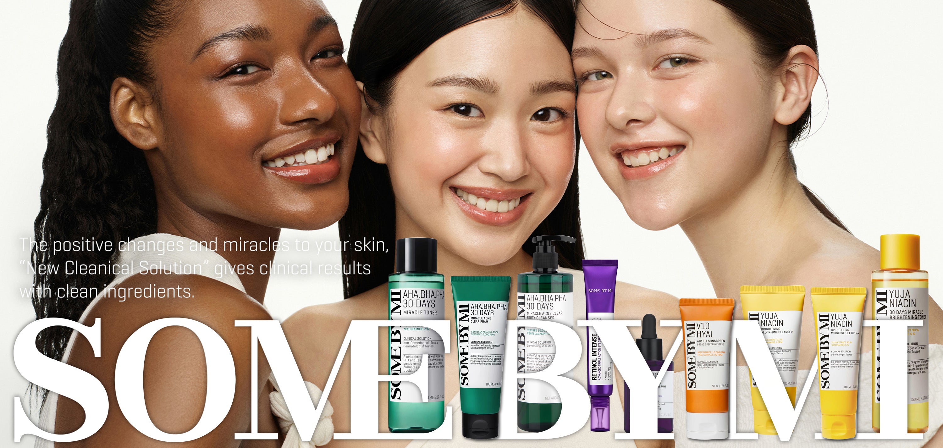 Three women with SOME BY MI various skincare products displayed below them.
