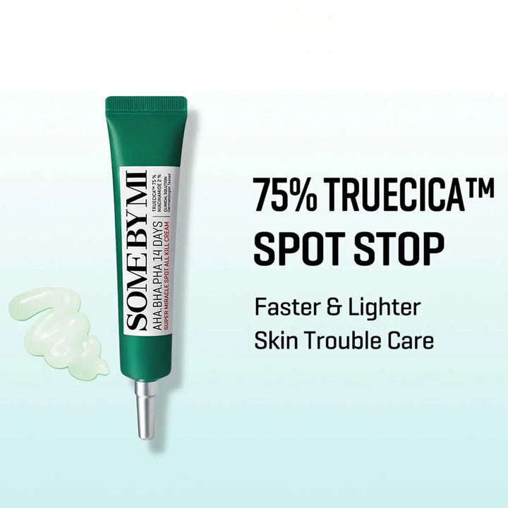 SOME BY MI AHA BHA PHA 14 Days Super Miracle Spot All Kill Cream 30mL with lightweight formula for blemish treatment.
