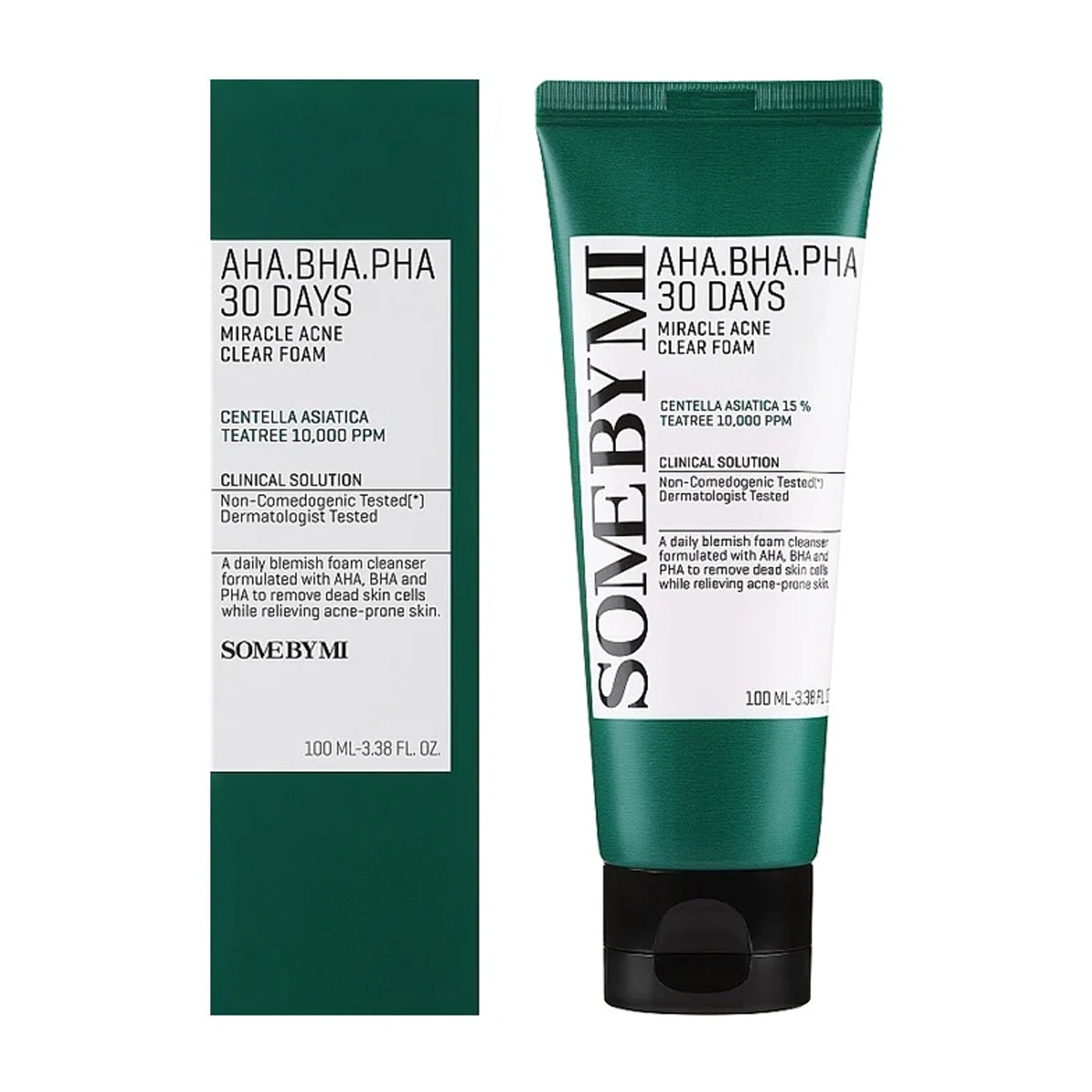 SOME BY MI AHA BHA PHA 30 Days Miracle Acne Clear Foam – Korean exfoliating cleanser with Truecica and salicylic acid for clear, calm skin. Packaging