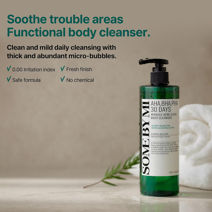 SOME BY MI AHA BHA PHA 30 Days Miracle Clear Body Cleanser – Korean body wash for body acne, exfoliation, and smoother skin. Features