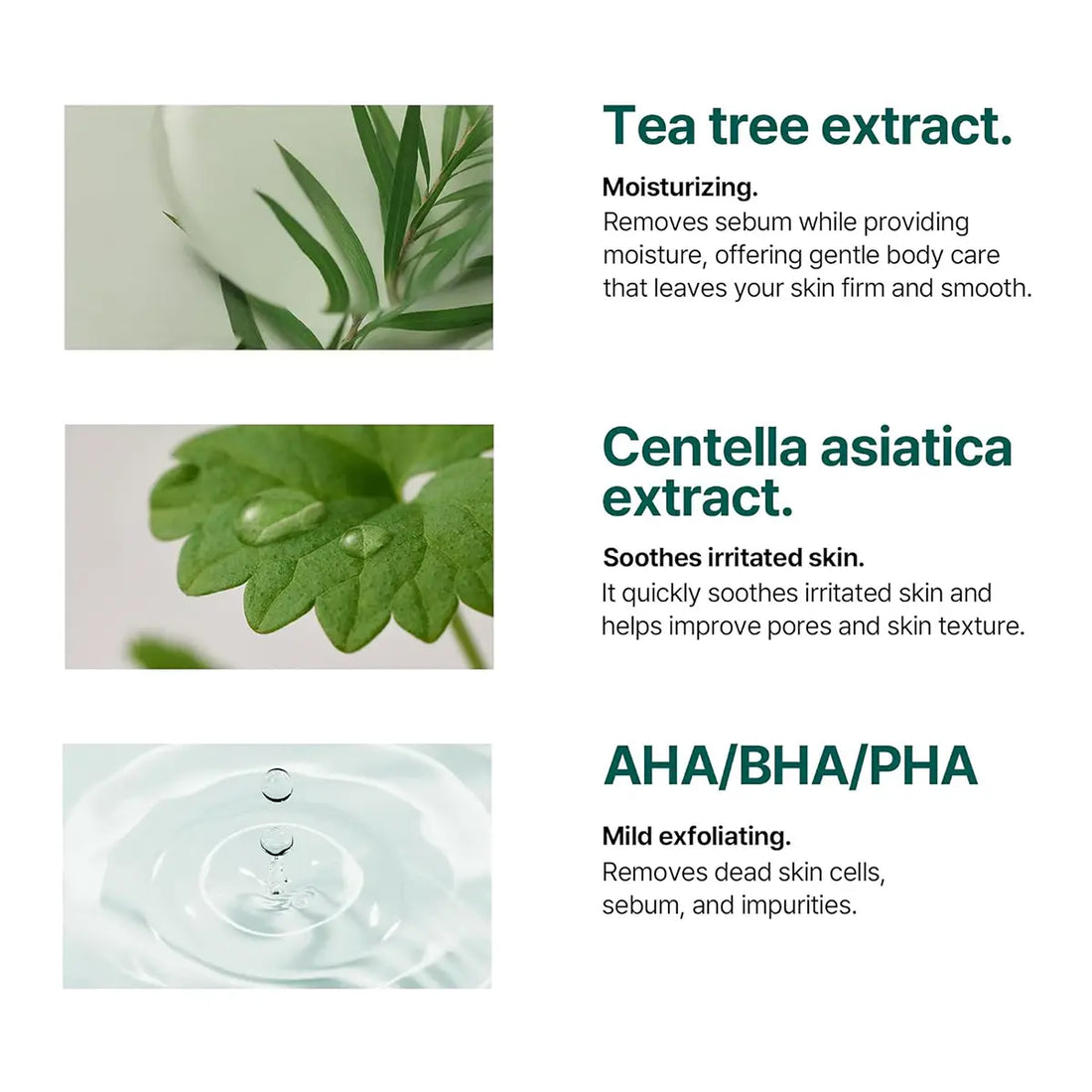Image showcasing ingredients of SOME BY MI AHA BHA PHA 30 Days Miracle Clear Body Cleanser 400g including tea tree, centella asiatica, and AHA/BHA/PHA.